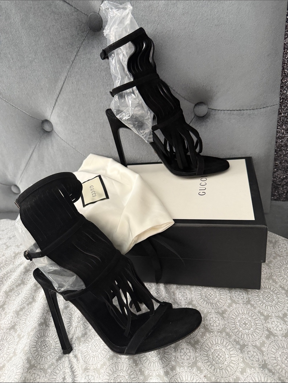 Gucci Black Suede Fringe High Heel Sandals